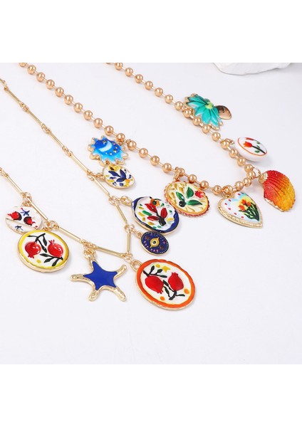 Kişisel Moda Tasarım Halkalı Alaşım Baskılı Renkli Çiçekli Kolye Ikili Z珠宝r (Yurt Dışından) modelleri