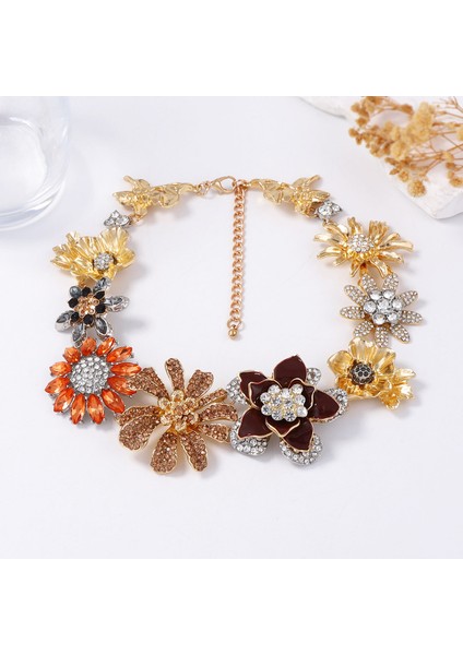 Hafif Lüks Zarif Retro Tarzı Alaşım Tam Elmas Çiçekli Kolye Klavikulazinciri (Yurt Dışından)