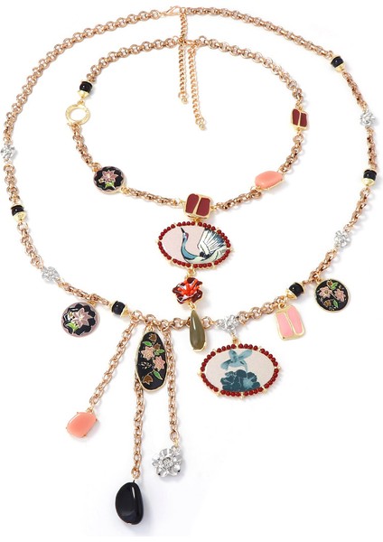 Kişisel Moda Alaşım Baskılı Çiçek ve Kuş Püsküllü Kolye Çift Katmanlı Z珠宝r (Yurt Dışından)