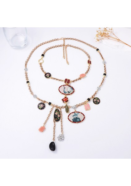 Kişisel Moda Alaşım Baskılı Çiçek ve Kuş Püsküllü Kolye Çift Katmanlı Z珠宝r (Yurt Dışından) modelleri