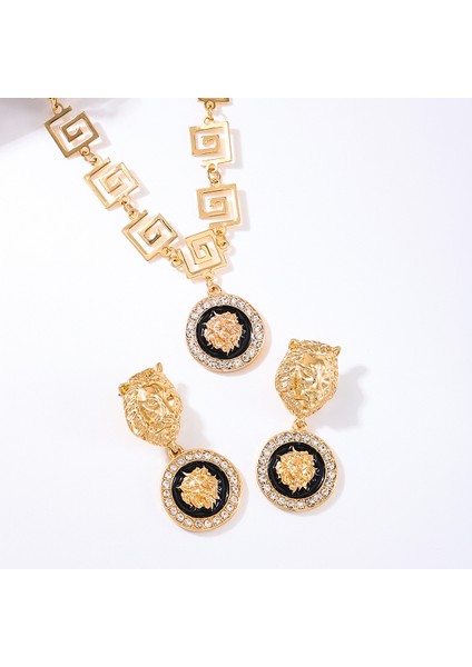 Orta Doğu, Avrupa ve Amerika Tarzı Retro, Kişisel Hip-Hop Tarzı Aslan Kafalı Kolye ve Küpe Seti, Günlük Iş Seyahatine Uygundur (Yurt Dışından)