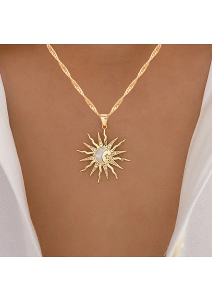 Avrupa-Amerika Sınır Ötesi Moda Sade Alaşım Kolye Ucu, Az Bulunur, Her Kombinle Uyumlu, Elmaslı Güneş ve Yıldız Desenli Kolye (Yurt Dışından)