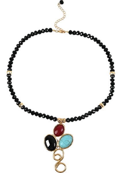 Moda Siyah Spinel Kolye, Etnik Stil Uzun Model, Zarif Retro Tarz, Gerçek Altın Kaplamalı Boncuklu Klavikulazinciri Aksesuarı (Yurt Dışından)