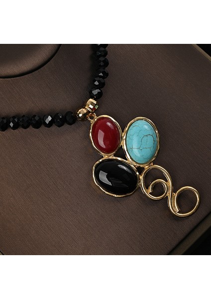 Moda Siyah Spinel Kolye, Etnik Stil Uzun Model, Zarif Retro Tarz, Gerçek Altın Kaplamalı Boncuklu Klavikulazinciri Aksesuarı (Yurt Dışından) modelleri