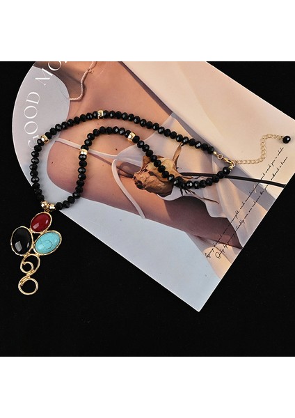 Moda Siyah Spinel Kolye, Etnik Stil Uzun Model, Zarif Retro Tarz, Gerçek Altın Kaplamalı Boncuklu Klavikulazinciri Aksesuarı (Yurt Dışından) fırsatları