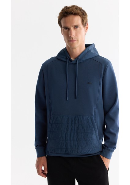 Erkek İndigo Kapüşonlu Baskılı Elastan Regular Fit Sweatshirt A42Y1262