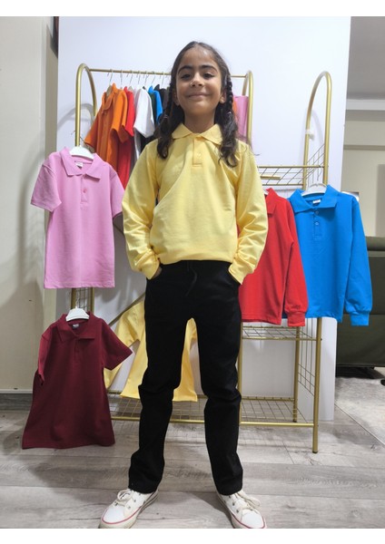 unisex Uzun Kol Polo Yaka Okul ve Günlük Ribanalı Çocuk Genç Tişört Nefes Alabilen Kumaş