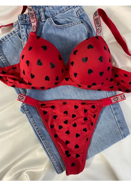 Kadın Kalpli Taşlı Balenli Destekli Dolgulu Push Up Sütyen Takımı Iç Çamaşırı Takımı fiyatları