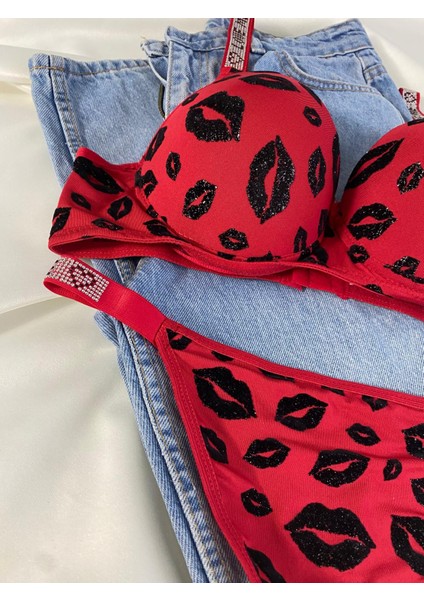 Kadın Öpücük Baskılı Taşlı Balenli Destekli Dolgulu Push Up Sütyen Takımı Iç Çamaşırı Takımı modelleri