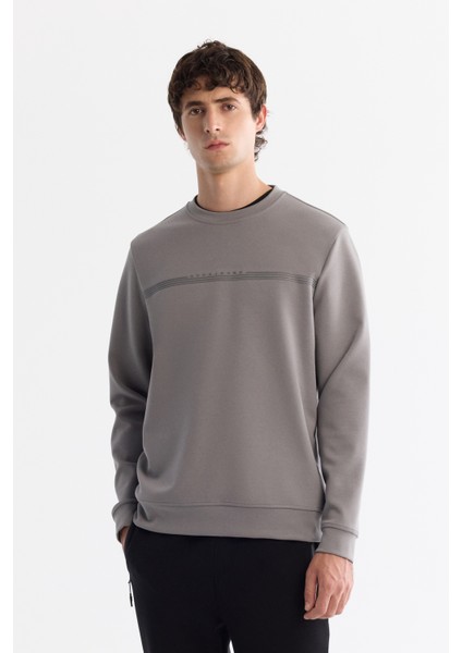 Erkek Gri Bisiklet Yaka Pamuklu Baskılı Elastan Regular Fit Sweatshirt A42Y1267