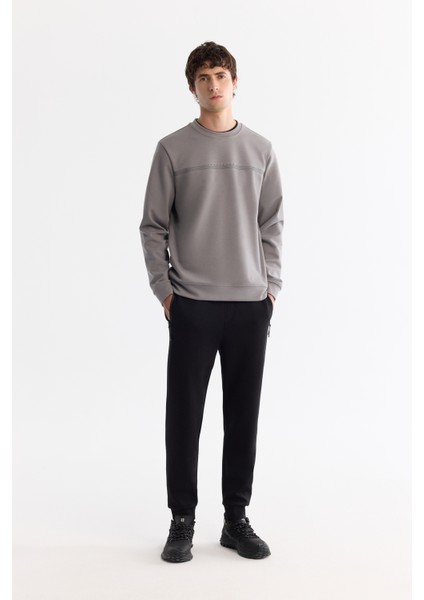 Erkek Gri Bisiklet Yaka Pamuklu Baskılı Elastan Regular Fit Sweatshirt A42Y1267