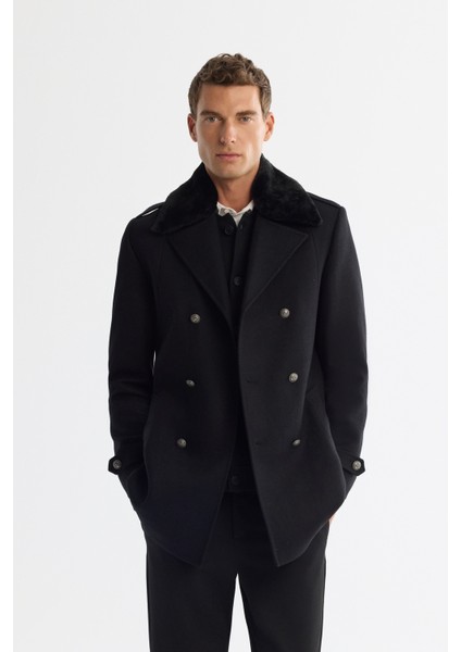 Erkek Siyah Kruvaze Kapama Yün Karışımlı Yakası Çıkarılabilir Kürklü Kaşe Kaban A42Y6099