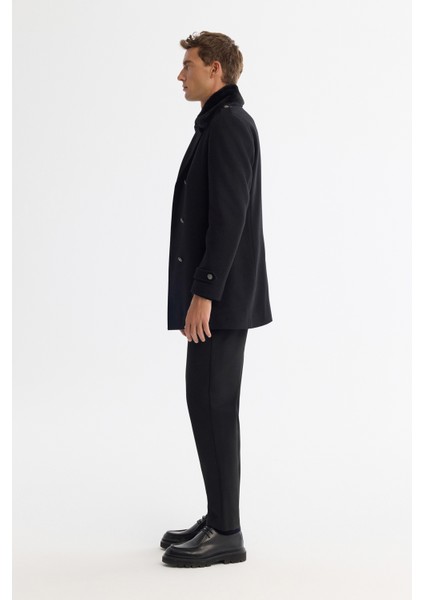 Erkek Siyah Kruvaze Kapama Yün Karışımlı Yakası Çıkarılabilir Kürklü Kaşe Kaban A42Y6099