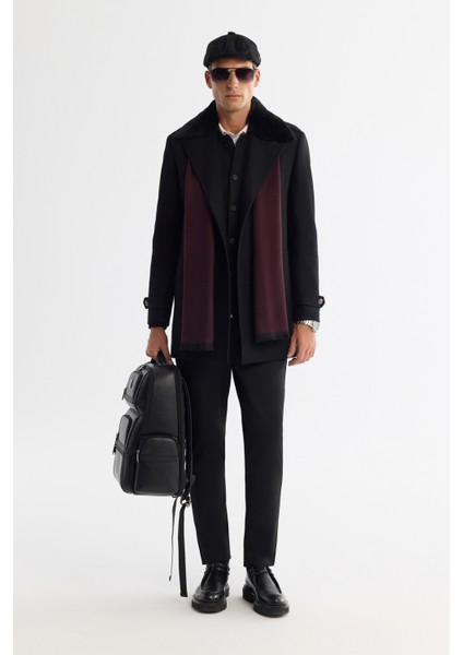 Erkek Siyah Kruvaze Kapama Yün Karışımlı Yakası Çıkarılabilir Kürklü Kaşe Kaban A42Y6099