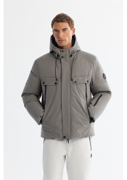 Erkek KoyuGri Kapüşonlu Su İtici Rüzgar Geçirmez -20°C Dayanıklı Kaz Tüyü Kayak Montu A42Y6123