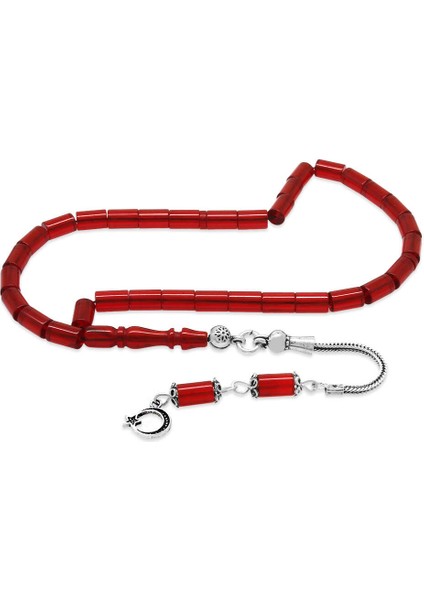 925 Ayar Gümüş Püsküllü Kesme Kesim Mini Boy Bayrak Kırmızı Ateş Kehribar Tesbih