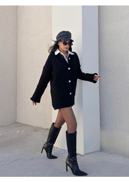 Kadın Siyah Oversize Taşlı Düğmeli Cepli Uzun Hırka 38 modelleri