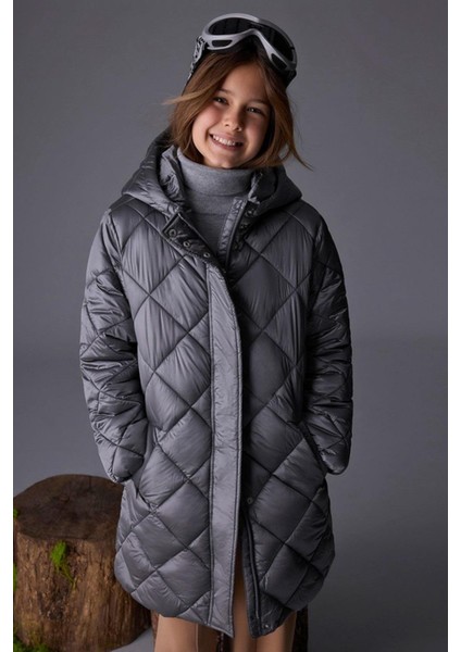 Kız Çocuk 10-18 Yaş Dolgulu Uzun Mont Gri