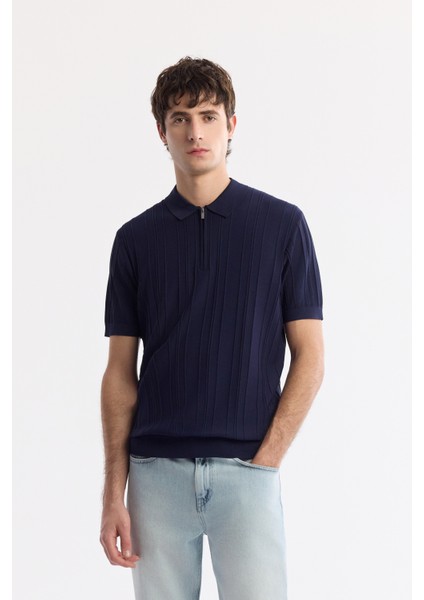 Erkek Lacivert Polo Yaka Rayon Triko Regular Fit T-Shirt A51Y5046