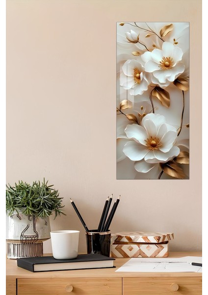 Beyaz Çiçek ve Altın Yaprak Desenli Temperli Cam Dik Tablo 30X60 cm Ebadında Uv Baskı - DCT027 fiyatları