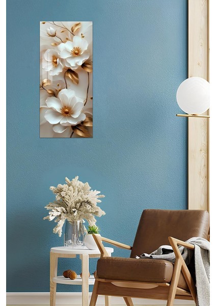 Beyaz Çiçek ve Altın Yaprak Desenli Temperli Cam Dik Tablo 30X60 cm Ebadında Uv Baskı - DCT027 modelleri