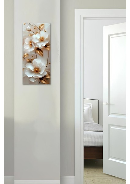 Beyaz Çiçek ve Altın Yaprak Desenli Temperli Cam Dik Tablo 30X60 cm Ebadında Uv Baskı - DCT027 fırsatları