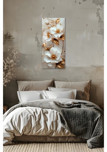 Beyaz Çiçek ve Altın Yaprak Desenli Temperli Cam Dik Tablo 30X60 cm Ebadında Uv Baskı - DCT027 indirimleri
