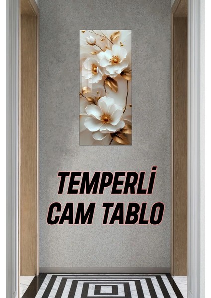 Beyaz Çiçek ve Altın Yaprak Desenli Temperli Cam Dik Tablo 30X60 cm Ebadında Uv Baskı - DCT027