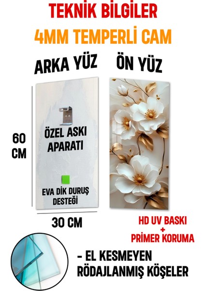 Beyaz Çiçek ve Altın Yaprak Desenli Temperli Cam Dik Tablo 30X60 cm Ebadında Uv Baskı - DCT027