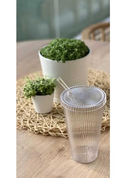 2 Adet 600 ml Mika Kapaklı Pipetli Origami Stil Mika Bardak | Sunum Bardağı Meşrubat Bardağı