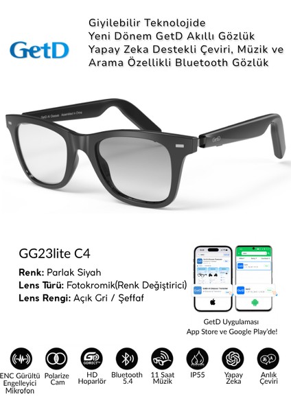 GG23C4 Getd Akıllı Gözlük – Çeviri, Müzik ve Arama Özellikli Bluetooth Gözlük