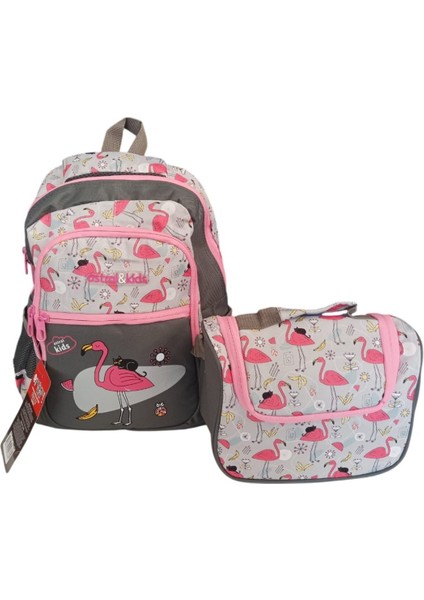 Kids Flamingo Temalı 2 Gözlü Ilkokul Çantası 2’li Set – Beslenme Çantalı