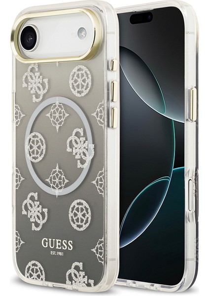 iPhone 17 Air Uyumlu Kılıf Guess Lisanslı M-Safe Özellikli Simli Peony Desenli Silikon Kapak Siyah
