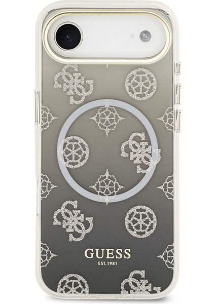 iPhone 17 Air Uyumlu Kılıf Guess Lisanslı M-Safe Özellikli Simli Peony Desenli Silikon Kapak Siyah modelleri