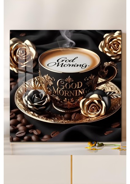 3D Görünümlü Temperli Cam Tablo – Gold Morning Kahve Temalı Uv Baskı 33X33 CM-CTK056