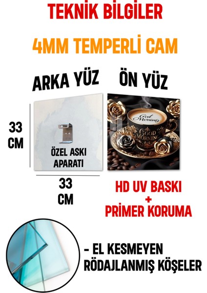 3D Görünümlü Temperli Cam Tablo – Gold Morning Kahve Temalı Uv Baskı 33X33 CM-CTK056