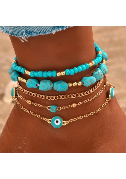 Bohem Renkli Soft Porcelain Turkuaz Tahili Elastik Çok Katmanlı Plaj Bileziği (Yurt Dışından)