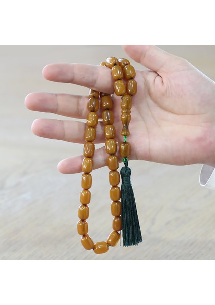 Çubuk Sıkma Kehribar Tesbih - Osmanlı Saray Püsküllü - Hareli Hardal Rengi - Kapsül Kesim modelleri