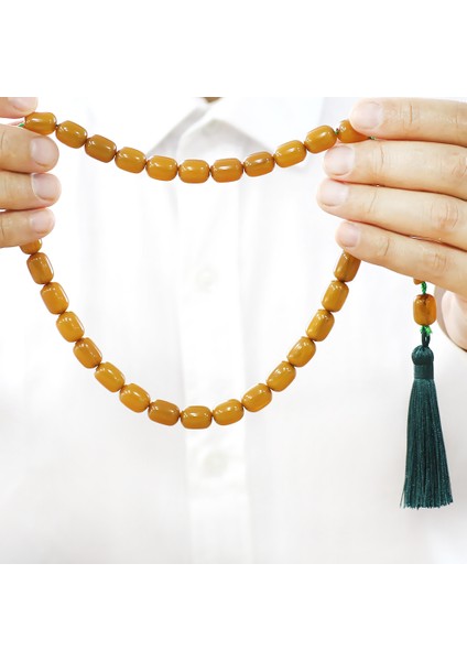 Çubuk Sıkma Kehribar Tesbih - Osmanlı Saray Püsküllü - Hareli Hardal Rengi - Kapsül Kesim fırsatları