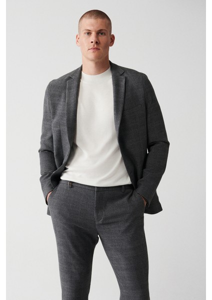 Erkek Gri Atarsız Mono Yaka Çift Yırtmaçlı Ceket A32Y4051
