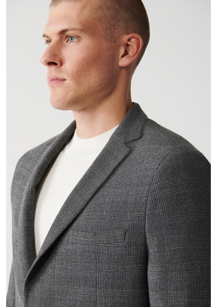 Erkek Gri Atarsız Mono Yaka Çift Yırtmaçlı Ceket A32Y4051