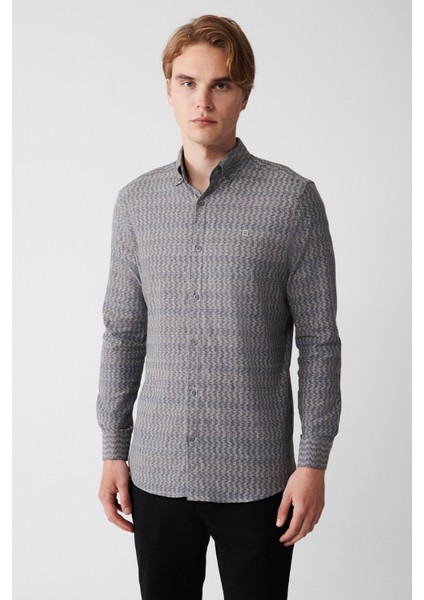 Erkek Haki Düğmeli Yaka Desenli Esnek Pamuklu Slim Fit Gömlek A32Y2145