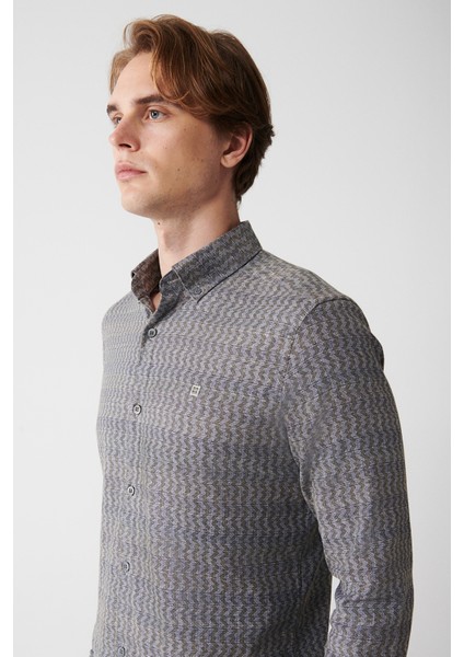 Erkek Haki Düğmeli Yaka Desenli Esnek Pamuklu Slim Fit Gömlek A32Y2145
