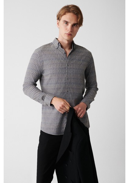 Erkek Haki Düğmeli Yaka Desenli Esnek Pamuklu Slim Fit Gömlek A32Y2145