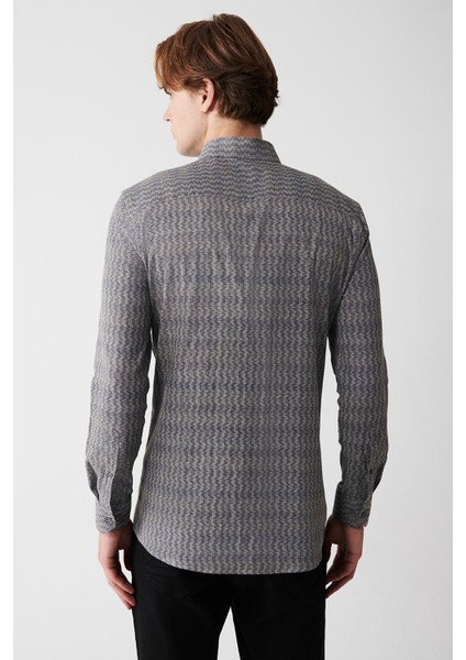 Erkek Haki Düğmeli Yaka Desenli Esnek Pamuklu Slim Fit Gömlek A32Y2145