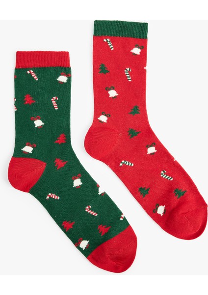 Pamuklu Yılbaşı Temalı Çok Renkli Kalın 2'li Soket Çorap Seti