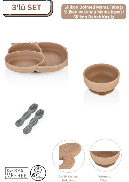 3'lü Silikon Bebek Beslenme Seti / Bölmeli Mama Tabağı / Mama Kasesi / Mama Kaşığı - Moka