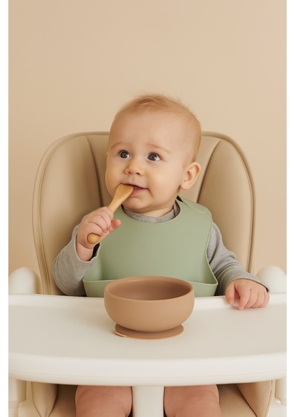 3'lü Silikon Bebek Beslenme Seti / Bölmeli Mama Tabağı / Mama Kasesi / Mama Kaşığı - Moka modelleri