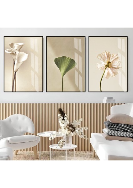 |krem-Gold Renk Soyut Çiçek Set (Pafrı) |çerçeveli Cam Tablo 3lü Dikey