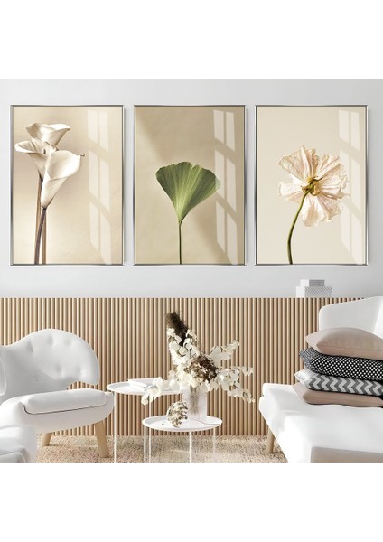 |krem-Gold Renk Soyut Çiçek Set (Pafrı) |çerçeveli Cam Tablo 3lü Dikey